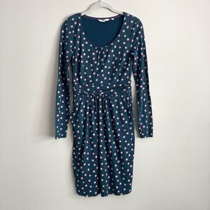 Boden Mabel Jersey Star Burst Dress Teal Pink Long Sleeve Ruched Waist Size 4
